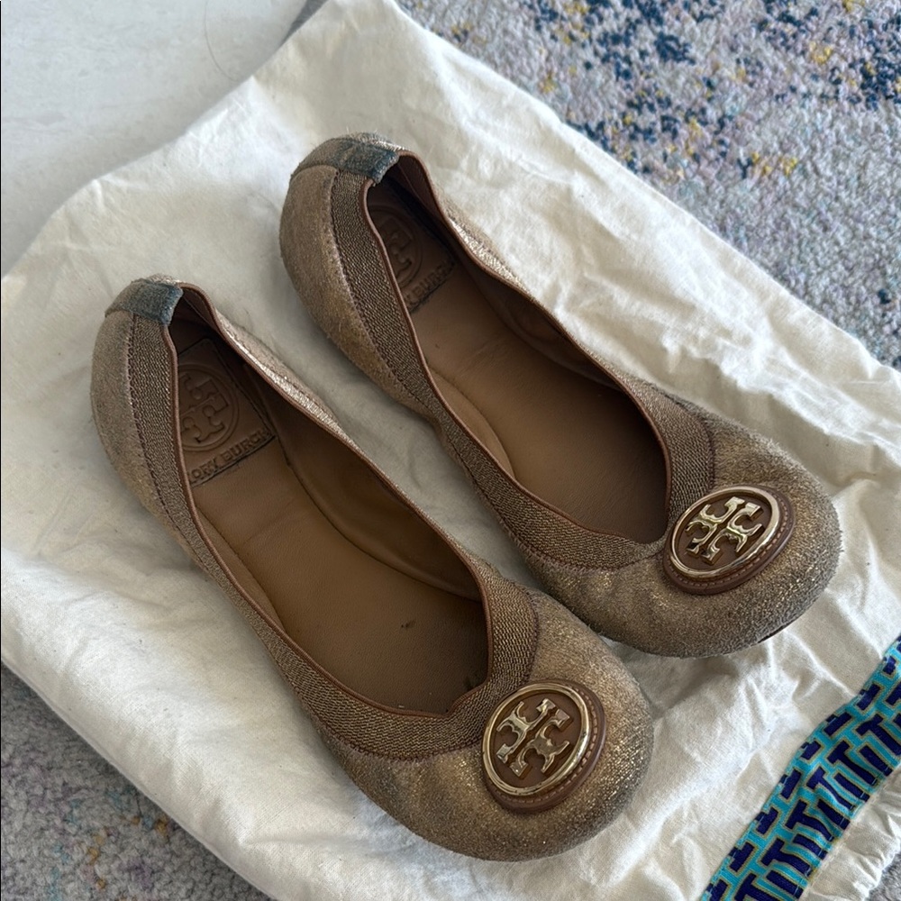 Tory Burch Gold Flats with Signature Medallion